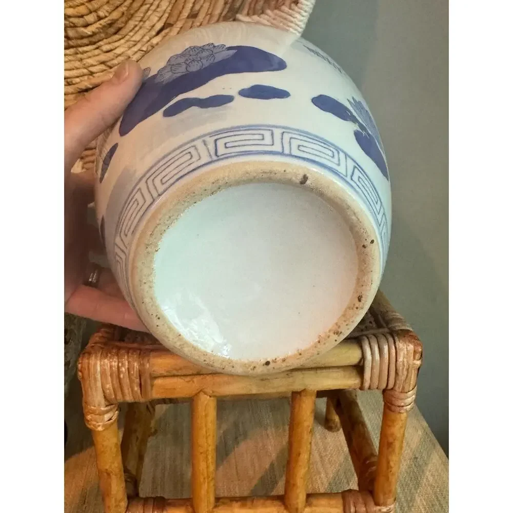 Vintage Chinoiserie Blue White Lotus Porcelain Melon Ginger Jar and Lid